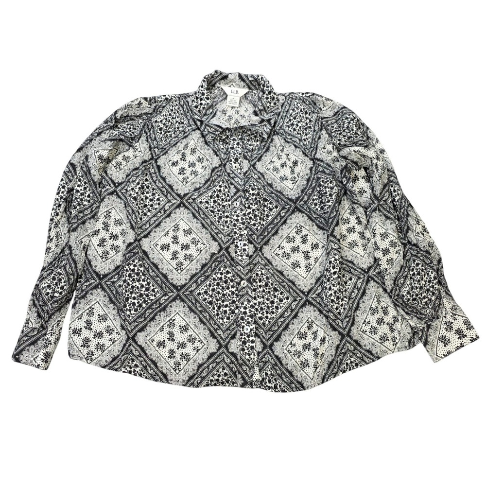 S.L.B 100% Silk Button Down‎ Blouse Women's Size M Black White Floral Tile Print